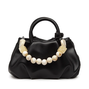 Modische plissierte Wolke Handtasche mit dekorativer Perlenkette, schwarze Umhängetasche.
