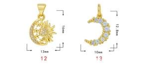 Vue macro détaillée des pendentifs lune et soleil plaqués or 18 carats avec oxydes de zirconium