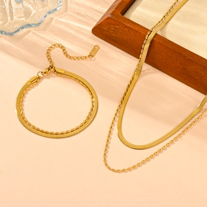 Gold stainless steel double-layer necklace and bracelet set with beads and snake chains