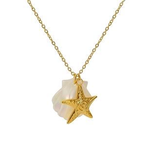 Summer beach starfish necklace with 18K gold plated chain and white shell pendant