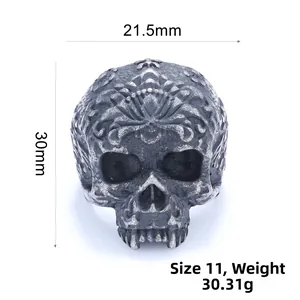 Detailed size view of vintage skull ring with baroque floral relief, height 30mm width 21.5mm
