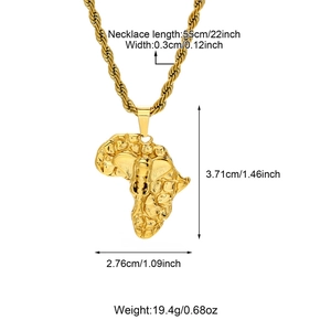 18k vergoldete Afrika-Karte Halskette aus Titanstahl mit Elefanten-Anhänger und Kordelkette