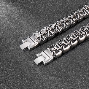 Macro detail of retro skull links and clasp on a vintage stainless steel men's bracelet