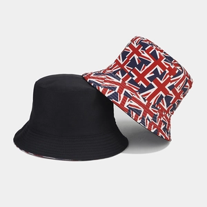 Detail of high-density cotton bucket hats with Union Jack print and reinforced stitching