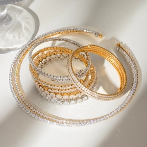 Elegant stainless steel zircon tennis necklace and layered bracelet set in gold and silver