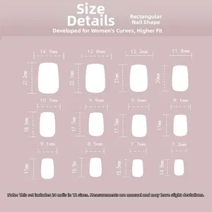 Size chart showing 12 dimensions for matte pink French press-on nails with 24 pieces
