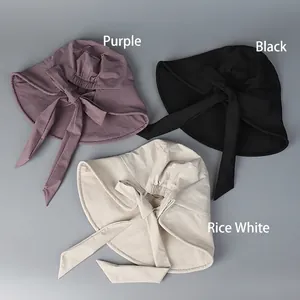 Women's UV protection sun hats in purple, black, and beige with rear bow design
