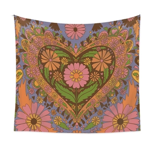 Retro floral heart tapestry wall hanging decoration in pink and brown vintage style