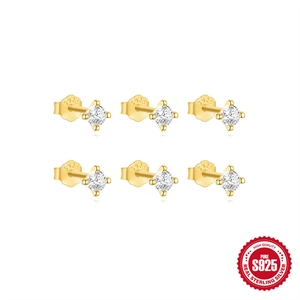 Set of 3 pairs of S925 sterling silver four-prong diamond stud earrings in gold finish