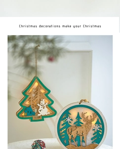 Close-up of wooden LED Christmas ornaments with reindeer and snowman laser cut details