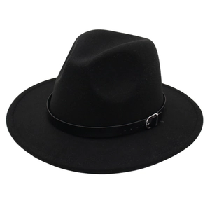 Close-up of black fedora felt hat with a leather decorative band and silver buckle