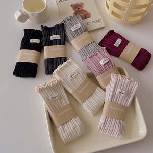 Women Cotton Ribbed Mid Calf Socks Lettuce Trim Slouchy Solid Color Japanese Style Soft Breathable