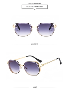 Detailed front and side views of gold frame sunglasses with double gray gradient lenses