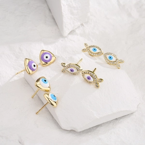 Evil Eye Stud Earrings Copper Gold Plated Zircon Enamel Triangle Fish Shape French Style Mini Jewelry For Women