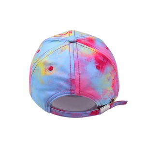 Rear view of tie-dye baseball cap featuring silver metal adjustable slide buckle