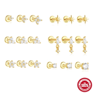 S925 Sterling Silver Flower Star Threaded Flat Back Stud Earrings Set AAAAA Zirconia Gold Piercing Jewelry For Women Gift