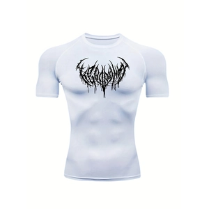 Close-up of white compression T-shirt featuring high-elastic fabric and black chest print