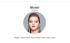 Model information card showing elegant embroidered high waist dress with body measurements
