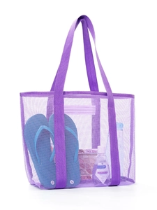 Purple mesh beach bag showing spacious interior with blue flip-flops and water bottle