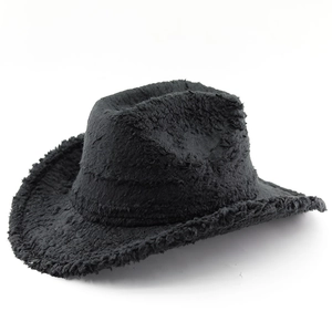 Classic black faux rabbit fur cowboy hat for autumn and winter featuring a warm fuzzy texture