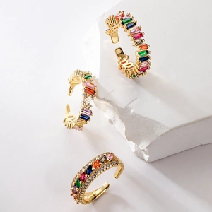 Western Design 18K Gold Plated Copper Colorful Zirconia Open Ring For Women Adjustable Geometric Rainbow Stone Finger Ring