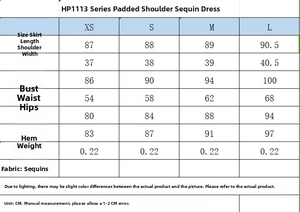 Detailed size chart for the sequin mini dress including length, bust, and waist measurements