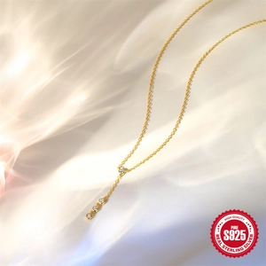 Elegant gold S925 sterling silver Y-shaped necklace with sparkling zircon drop pendants