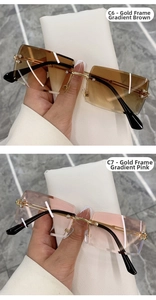 Détail de lunettes de soleil carrées sans monture avec branches en métal doré