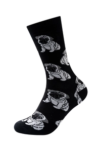 Detail shot of black crew socks featuring woven Pug dog patterns and ribbed cuffs