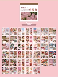 Grille de stickers décoratifs roses avec des tulipes et des scènes pittoresques