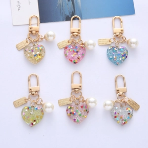 Heart Sequin Resin Keychain With Faux Artificial Pearl And Metal Tag Cute Glitter Bag Charm For Women Girls Colorful Accessories