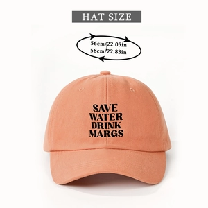 Detail showing SAVE WATER DRINK MARGS print on cotton twill baseball cap fabric