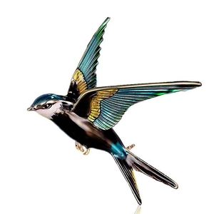 Exquisite swallow bird brooch with blue and green enamel gradient in gold-tone plating