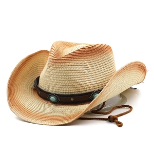 Cappello da cowboy in paglia sfumata con cinturino in pelle turchese e cordino antivento
