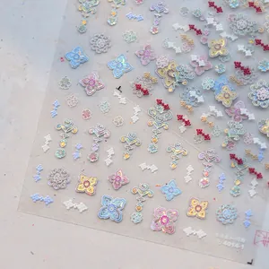Holographic flower and totem nail art stickers with iridescent shell metallic finish