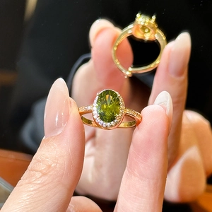 Luxury 18k gold plated open ring with oval olive green zircon stone and halo diamond accents
