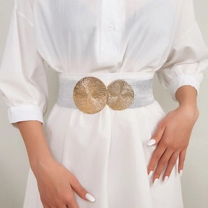 Double Round Buckle Wide Elastic Corset Belt Gold Textured Metal And Silver Stretch Waist Band For Women Chic