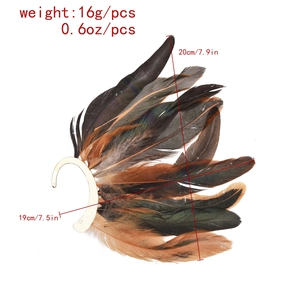 Detailed view of vintage peacock feather ear cuff with 20cm length and 19cm width size info