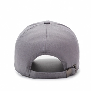 Rear view of grey men's baseball cap with adjustable metal buckle and twill fabric