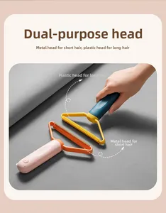 Dual-sided pet hair remover tool with metal blade and plastic brush for fabrics