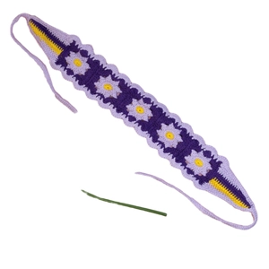Handmade crochet flower headband featuring purple and yellow daisy knit patterns with ties