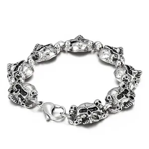 Bracelet tête de mort punk gothique en acier inoxydable vieilli avec fermoir mousqueton