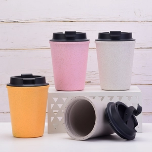 Portable wheat straw coffee cups in various colors with leak-proof lids and wide mouth design