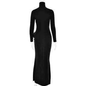 Rear view of a tight black high-neck maxi dress with long sleeves and floor-length hemline