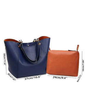 Detailed size chart for deep blue PU leather tote and orange pouch with cm and inch units