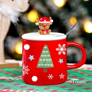 Festive red Christmas ceramic mug with reindeer lid, 3D tree pattern and metal spoon