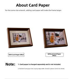 Detail view comparing solid wood photo frames with and without white matting effect