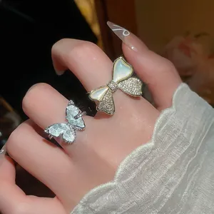 Elegant Bowknot Ring Copper Gold Plated Zircon Mother Of Artificial Pearl Fashion Adjustable Open Finger Jewelry For Women