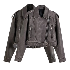 Veste de motard en cuir gris anthracite délavé avec ceinture et détails zippés