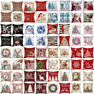 Christmas Cushion Covers Linen Square Decorative Santa Reindeer Snowman Pattern Home Sofa Throw Pillowcases Holiday Decor